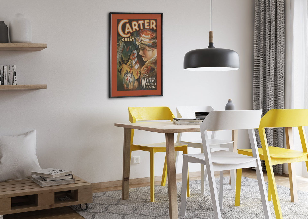Carter the Great Weird Wonderful Wizard poster framed above a dining table