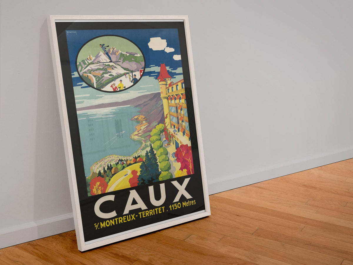 Caux sur Montreux poster in a white frame leaning against a wall
