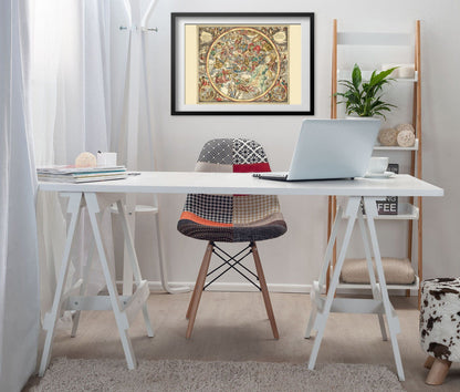 Cellarius Christian Star Chart 1660 print framed above a white desk in a home office
