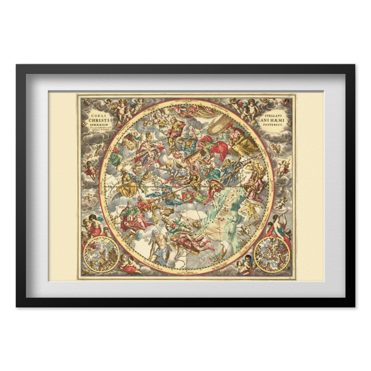 Cellarius Christian Star Chart 1660 print in a black frame with a white mat