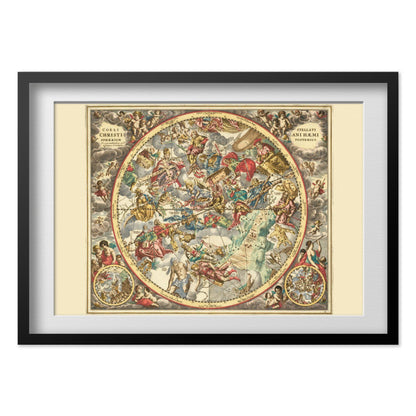 Cellarius Christian Star Chart 1660 print in a black frame with a white mat
