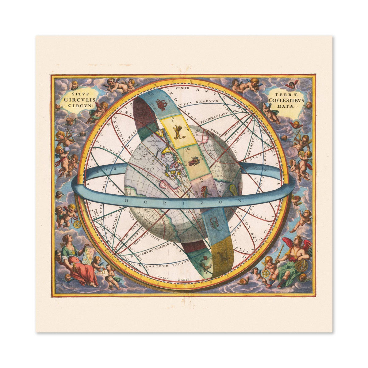 Cellarius Earth & Celestial Circles 1660 vintage print