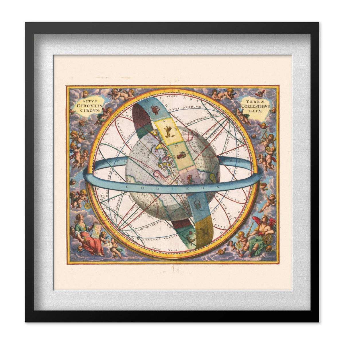 Cellarius Earth & Celestial Circles 1660 print in a black frame with a white mat