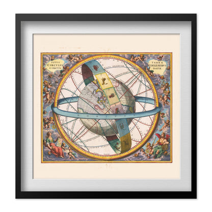 Cellarius Earth & Celestial Circles 1660 print in a black frame with a white mat