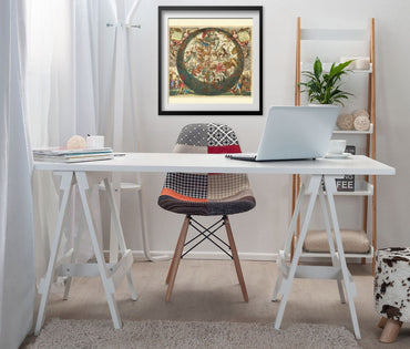Cellarius Northern Sky Chart 1660 print framed above a white desk in a home office