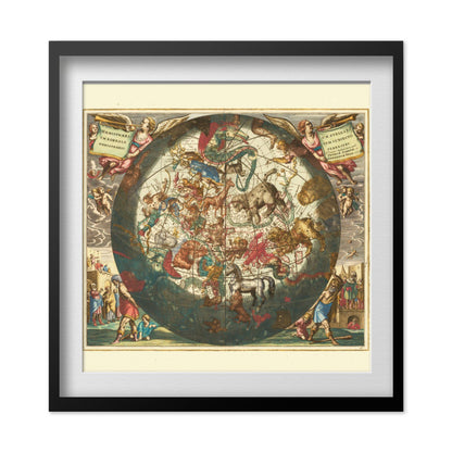 Cellarius Northern Sky Chart 1660 print in a black frame with a white mat