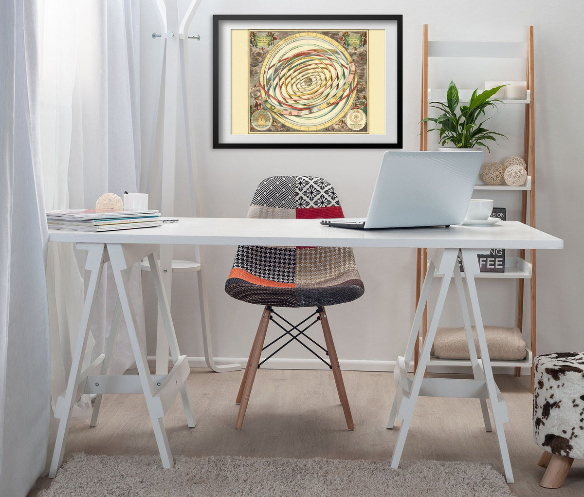 Cellarius Planetary Orbits 1660 print framed above a white desk in a home office