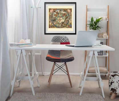 Cellarius Star Chart 1660 print framed above a white desk in a home office