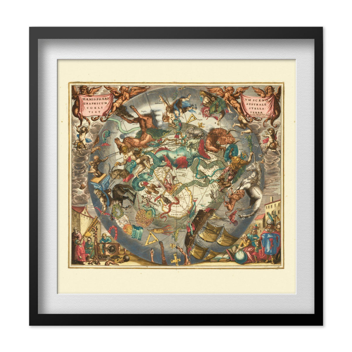 Cellarius Star Chart 1660 print in a black frame with a white mat