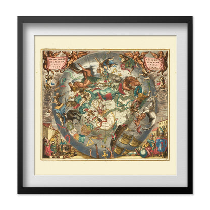 Cellarius Star Chart 1660 print in a black frame with a white mat