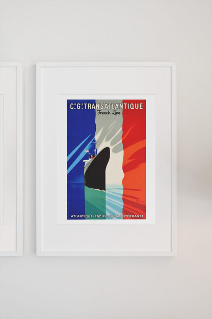 CGT Transatlantique French Line poster on a light wall