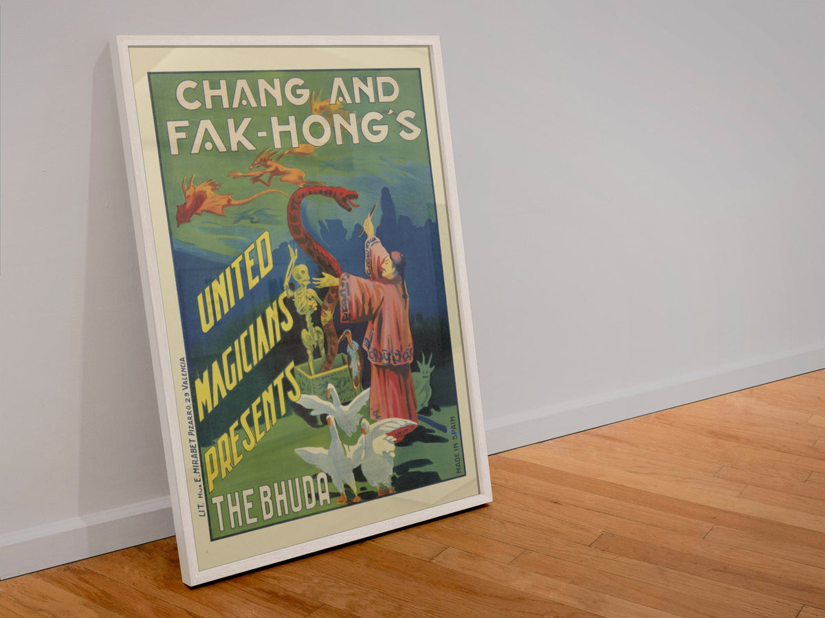 Chang and Fak-Hong The Bhuda poster in a white frame leaning against a wall