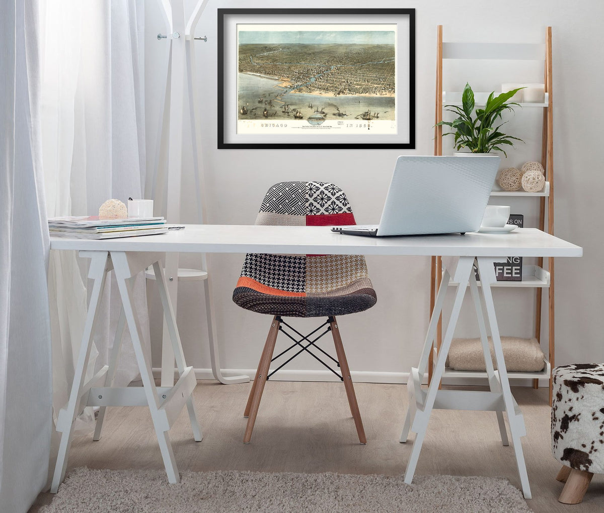 Chicago 1868 Panoramic Map framed above a white desk in a home office