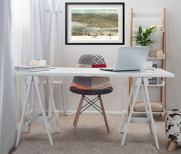 Chicago 1868 Panoramic Map framed above a white desk in a home office