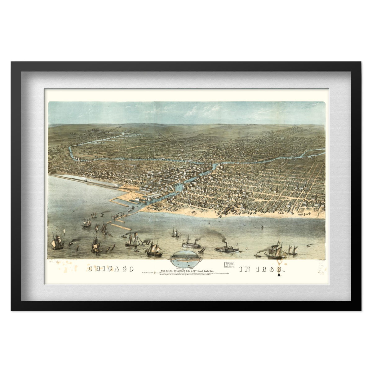 Chicago 1868 Panoramic Map print in a black frame