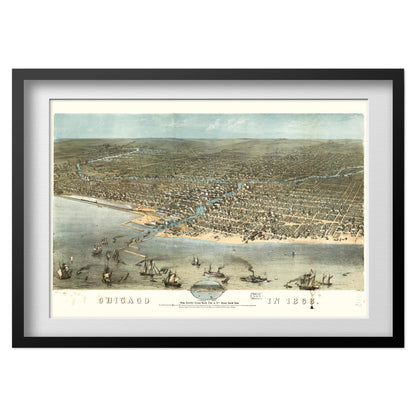 Chicago 1868 Panoramic Map print in a black frame