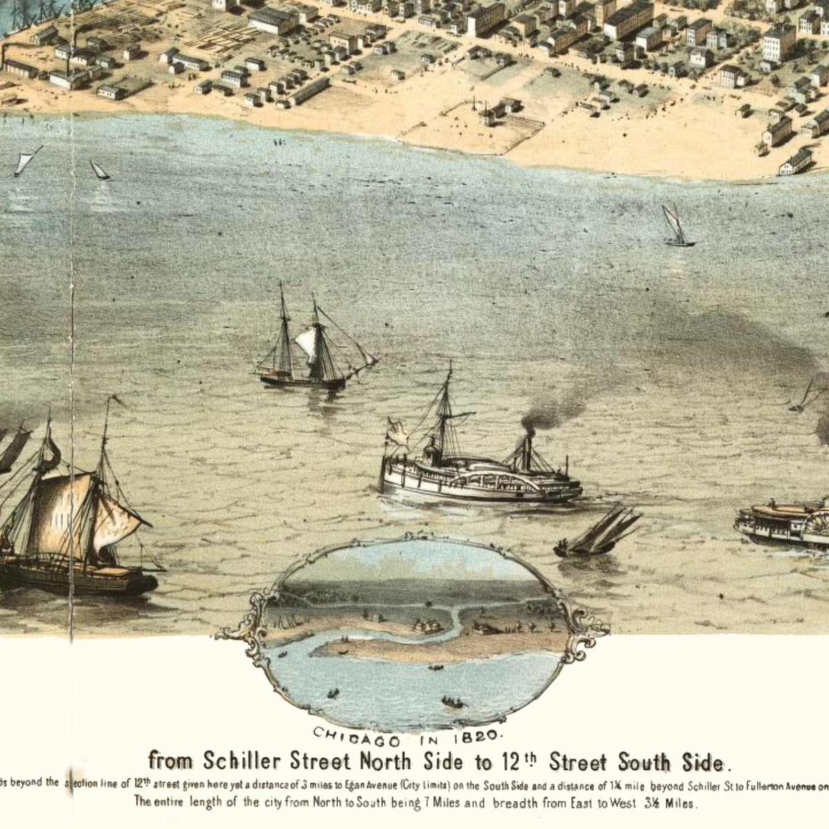Close-up detail of the Chicago 1868 Panoramic Map print