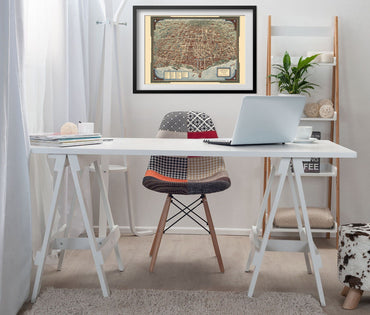 Chicago 1930s Bird’s-Eye Map print framed above a white desk in a home office