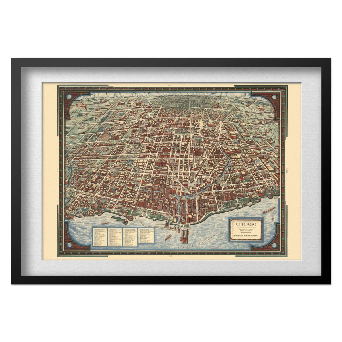 Chicago 1930s Bird’s-Eye Map print in a black frame with a white mat