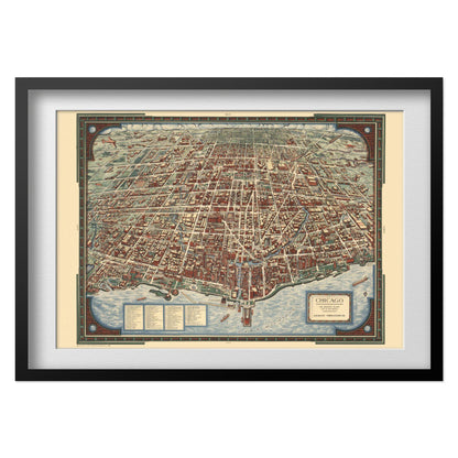Chicago 1930s Bird’s-Eye Map print in a black frame with a white mat