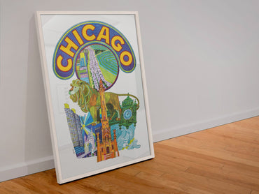 Chicago Fly TWA poster in a white frame leaning against a wall