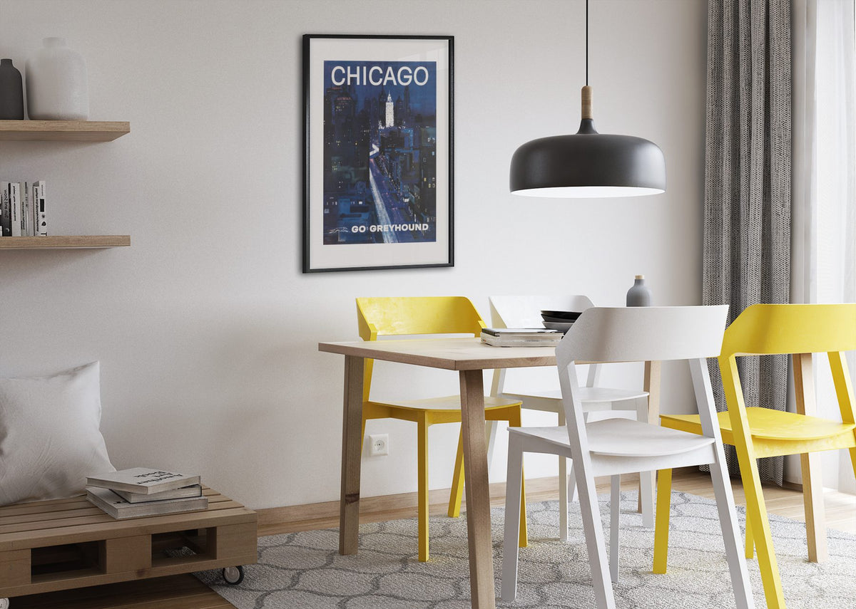 Chicago Greyhound poster framed above a dining table
