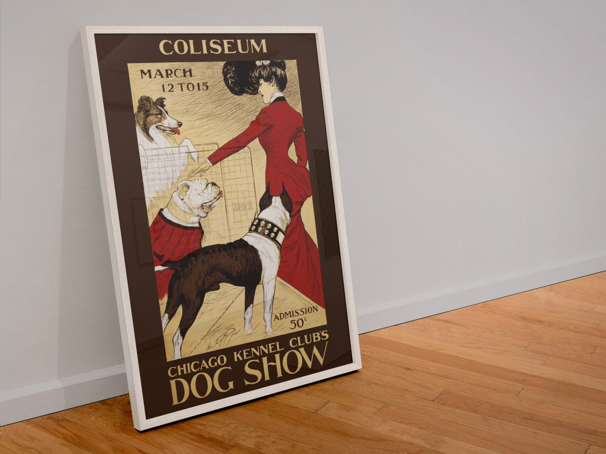 Chicago Kennel Club Dog Show poster in a white frame leaning against a wall