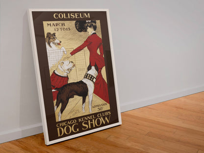 Chicago Kennel Club Dog Show poster in a white frame leaning against a wall