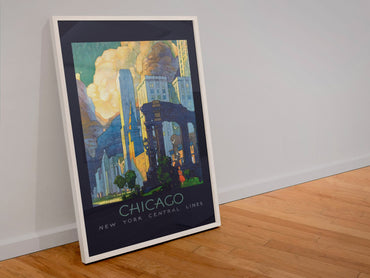 Chicago New York Central Lines poster in a white frame leaning against a wall