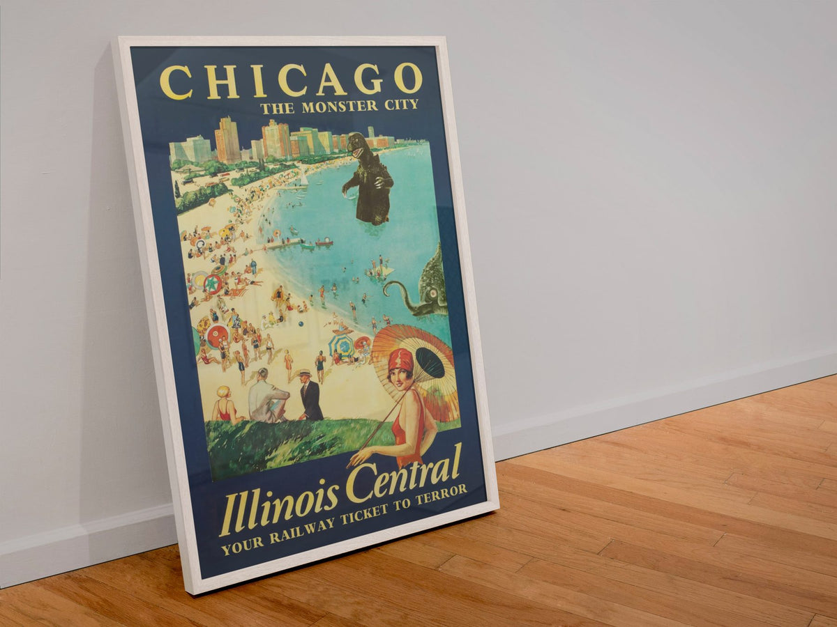 Chicago Monster City Illinois Central poster in a white frame leaning against a wall