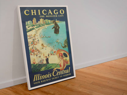 Chicago Monster City Illinois Central poster in a white frame leaning against a wall