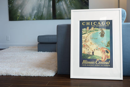 Chicago Monster City Illinois Central poster leaning beside a blue sofa