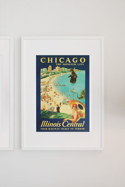 Chicago Monster City Illinois Central poster on a light wall