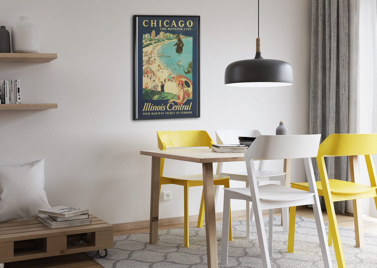 Chicago Monster City Illinois Central poster framed above a dining table