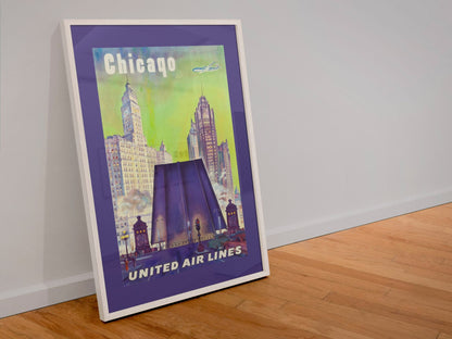 Chicago United Air Lines 1950s poster in a white frame leaning against a wall
