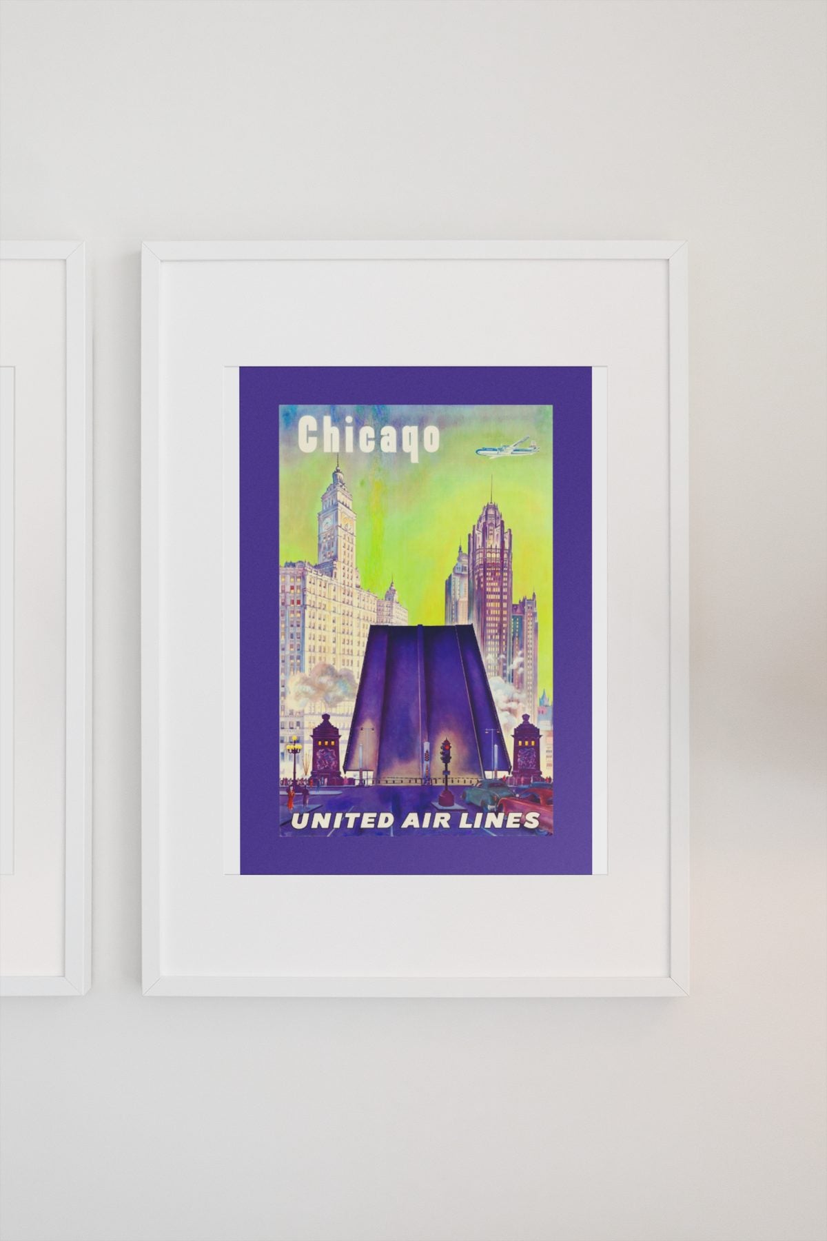Chicago United Air Lines 1950s poster on a light wall