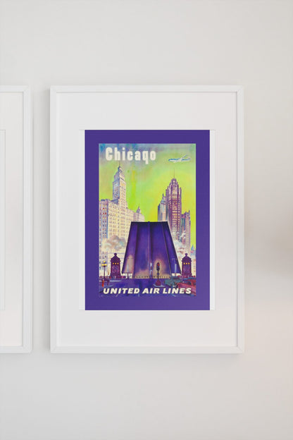 Chicago United Air Lines 1950s poster on a light wall