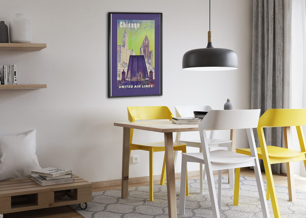 Chicago United Air Lines 1950s poster framed above a dining table
