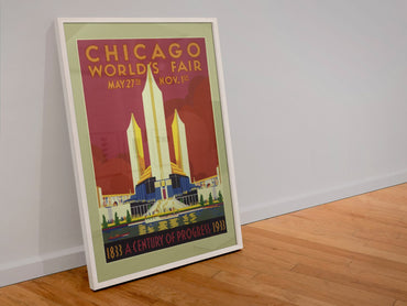 Chicago Worlds Fair 1933 Tower poster in a white frame leaning against a wall