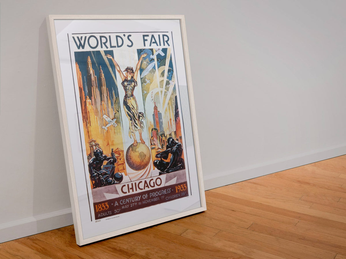 Chicago Worlds Fair 1933 poster in a white frame leaning against a wall