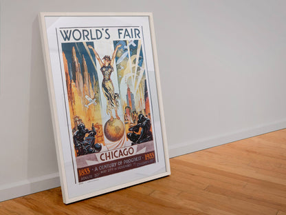 Chicago Worlds Fair 1933 poster in a white frame leaning against a wall