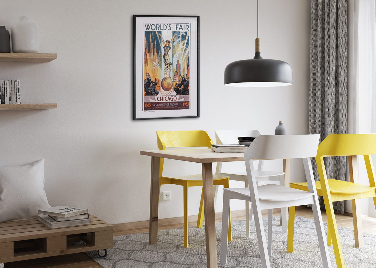 Chicago Worlds Fair 1933 poster framed above a dining table