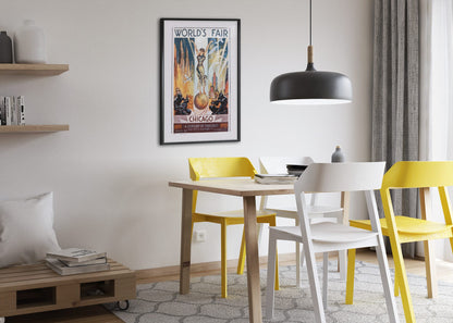 Chicago Worlds Fair 1933 poster framed above a dining table
