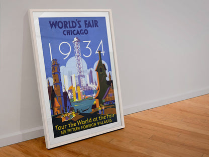 Chicago Worlds Fair Tour the World poster in a white frame leaning against a wall