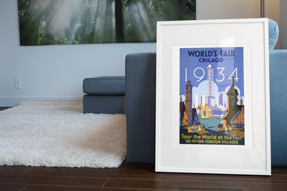 Chicago Worlds Fair Tour the World poster leaning beside a blue sofa