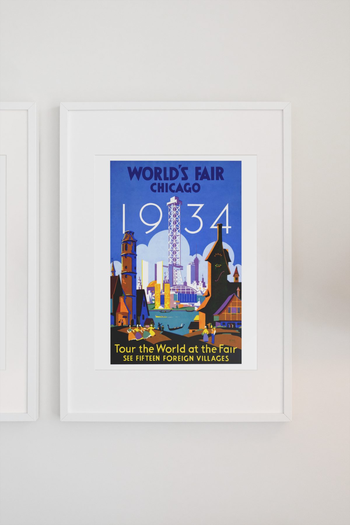 Chicago Worlds Fair Tour the World poster on a light wall
