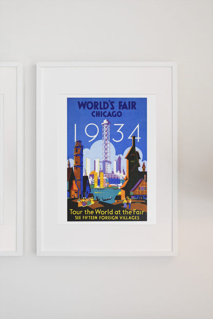 Chicago Worlds Fair Tour the World poster on a light wall
