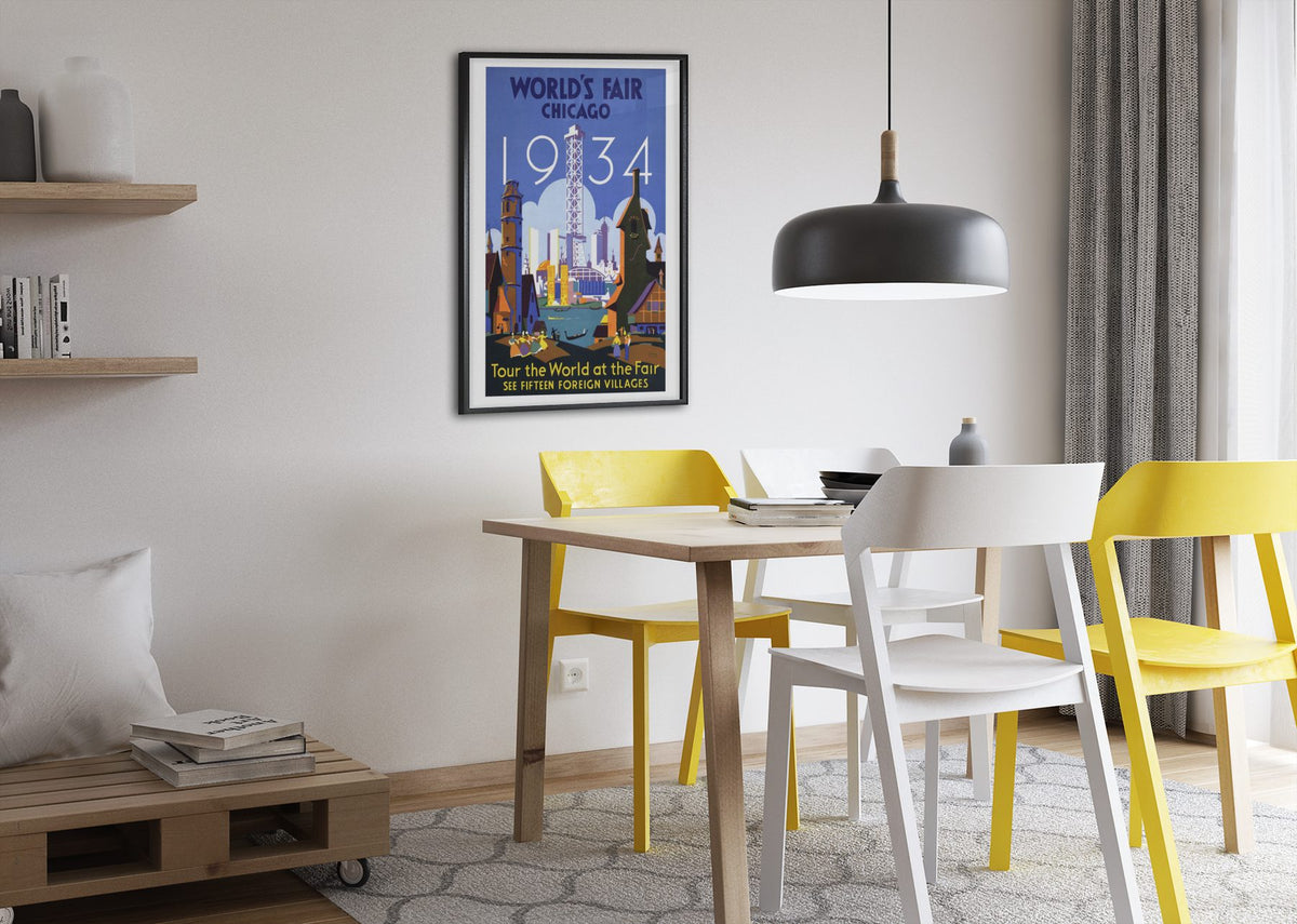 Chicago Worlds Fair Tour the World poster framed above a dining table