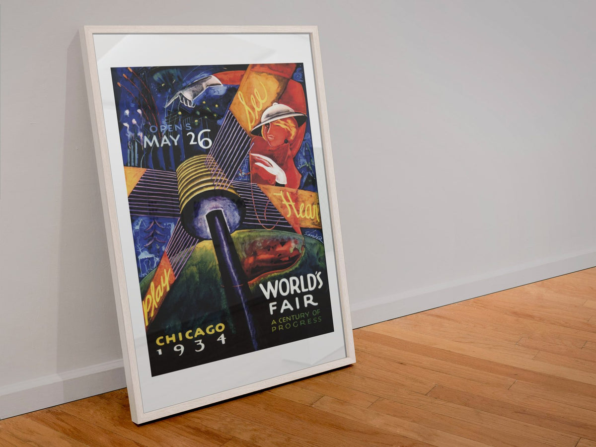 Chicago Worlds Fair 1934 poster in a white frame leaning against a wall
