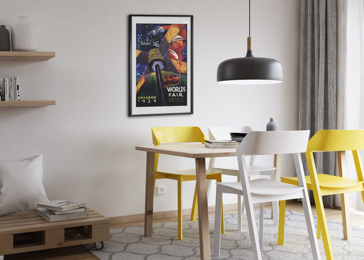 Chicago Worlds Fair 1934 poster framed above a dining table